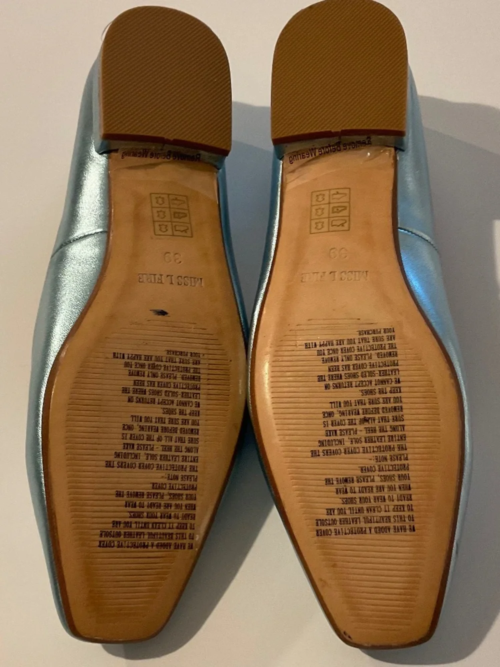 MISS L FIRE Metallic Mint Blue Square Toe Leather Flats Size EU 39 NEW